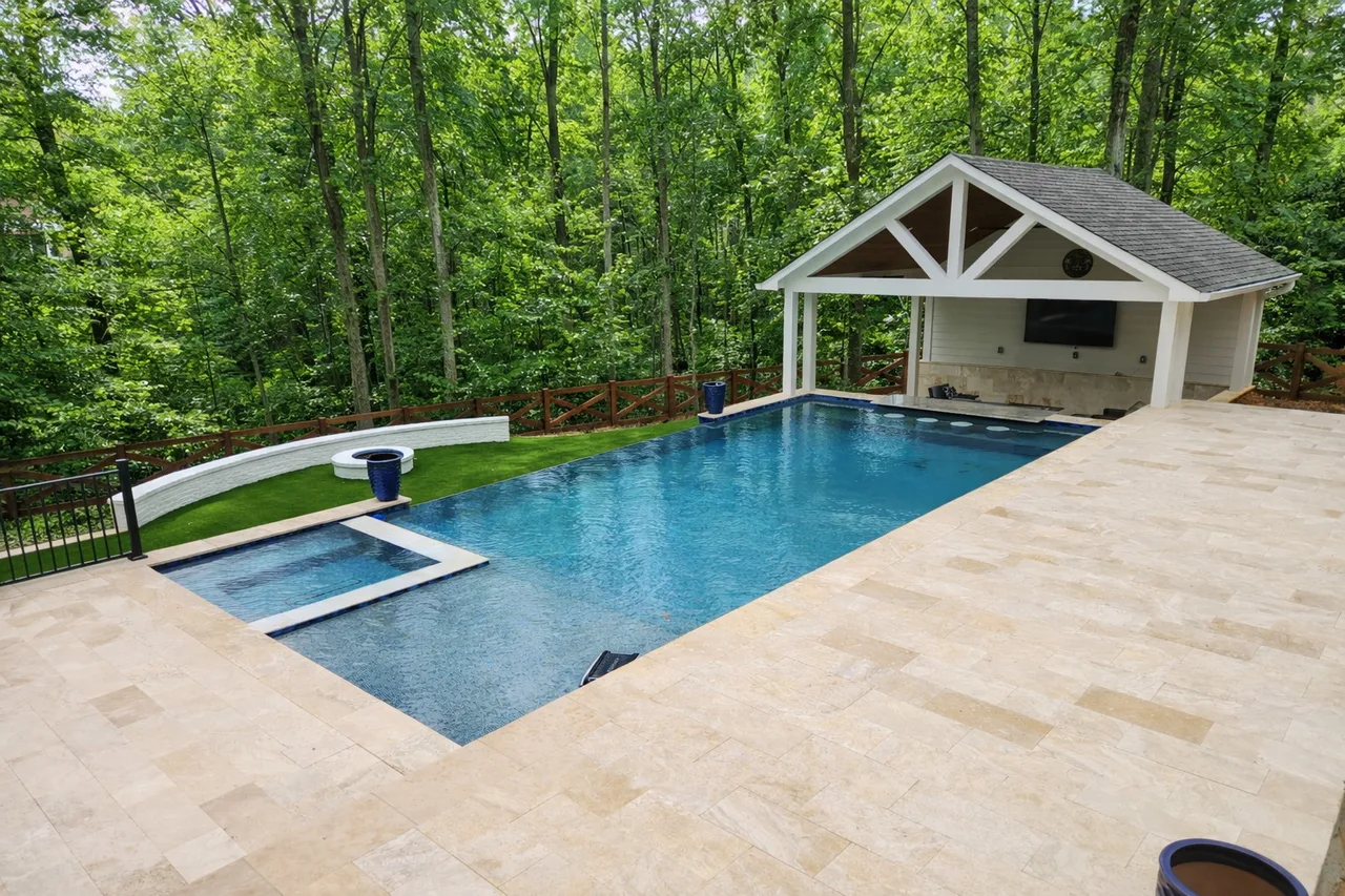 Alternate angle of pool, pavilion, and entertaining terrace in Acworth, GA