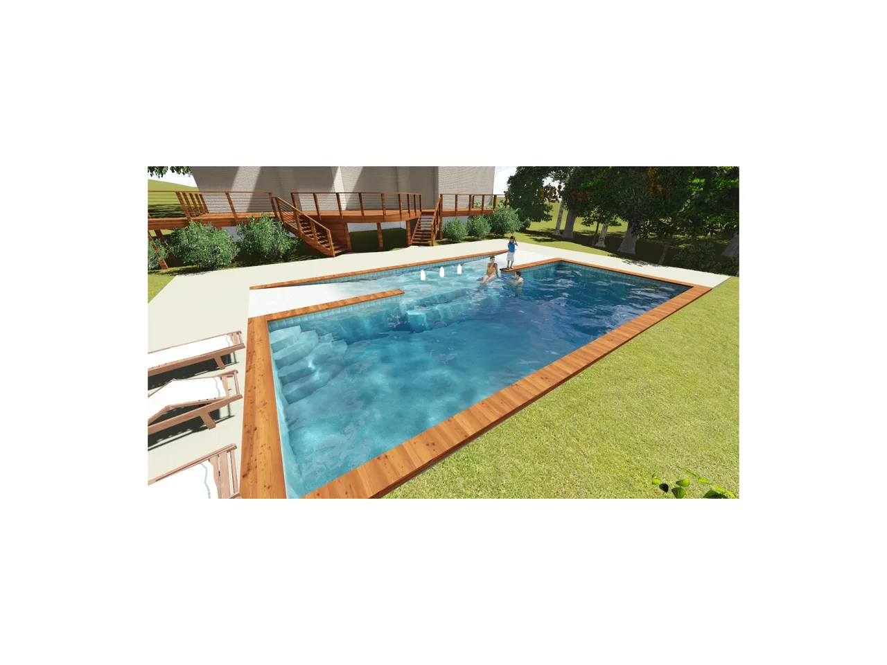 3D rendering of rectangular luxury pool with wood coping, surrounded by manicured lawn and wooden deck area