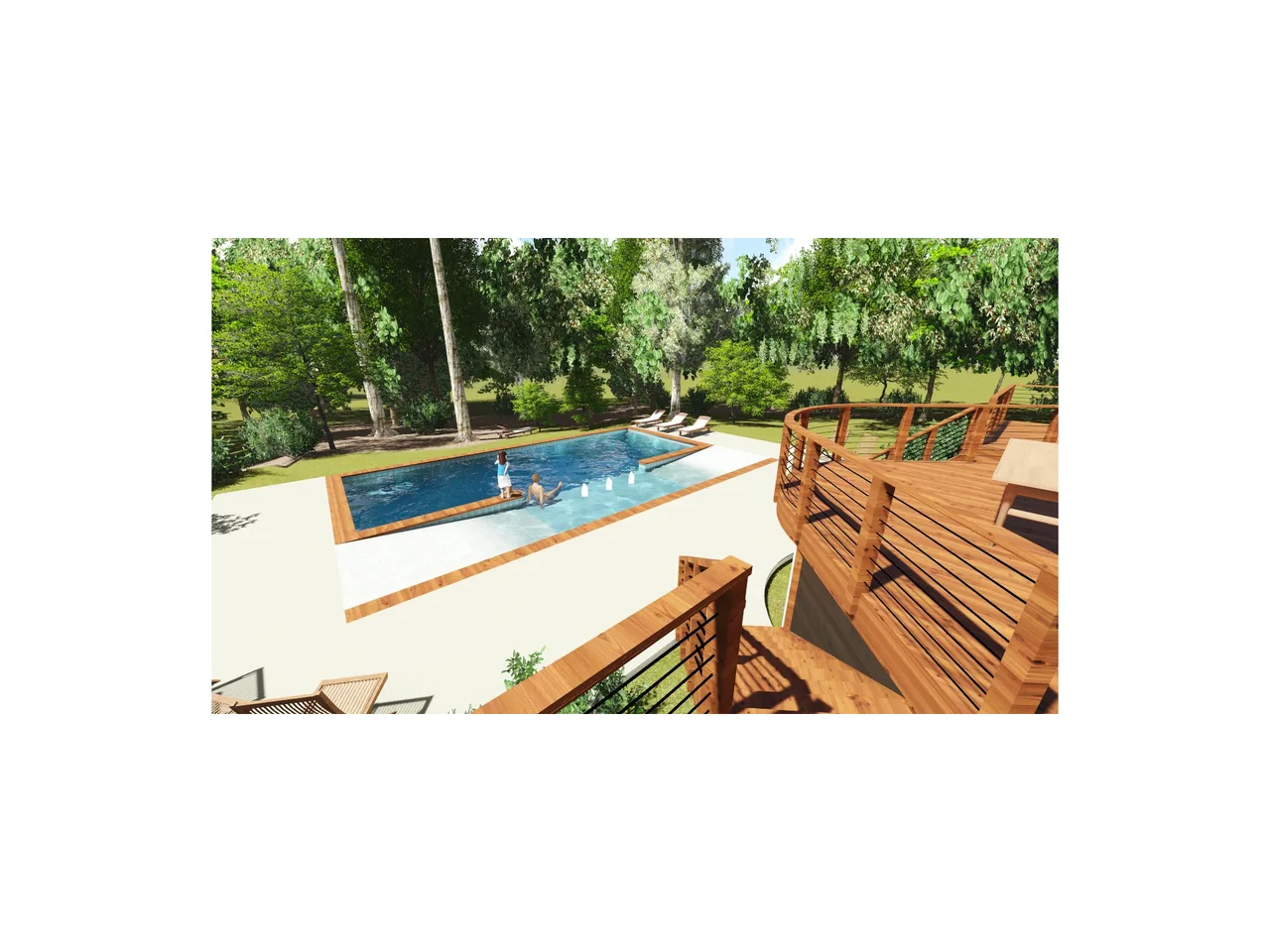 3D rendering of rectangular lap pool with wooden deck and modern railing surrounded by mature trees