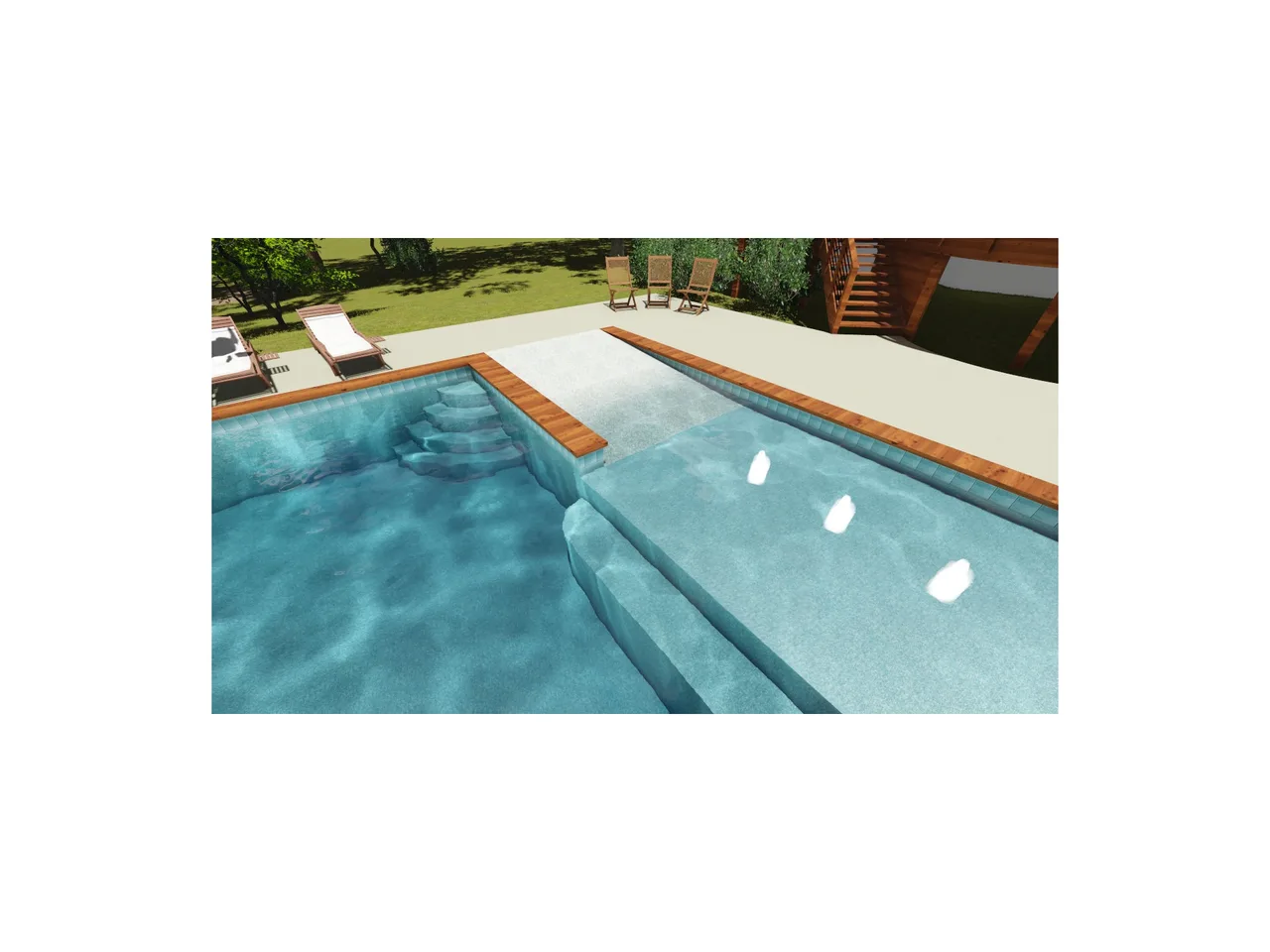 3D rendering of dual rectangular pools with wooden trim, shallow spa area, and concrete decking in modern backyard design