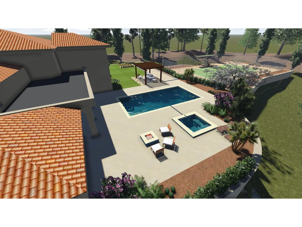 3D rendering of luxury backyard with rectangular pool, spa, lounge seating, and modern house with terracotta roof