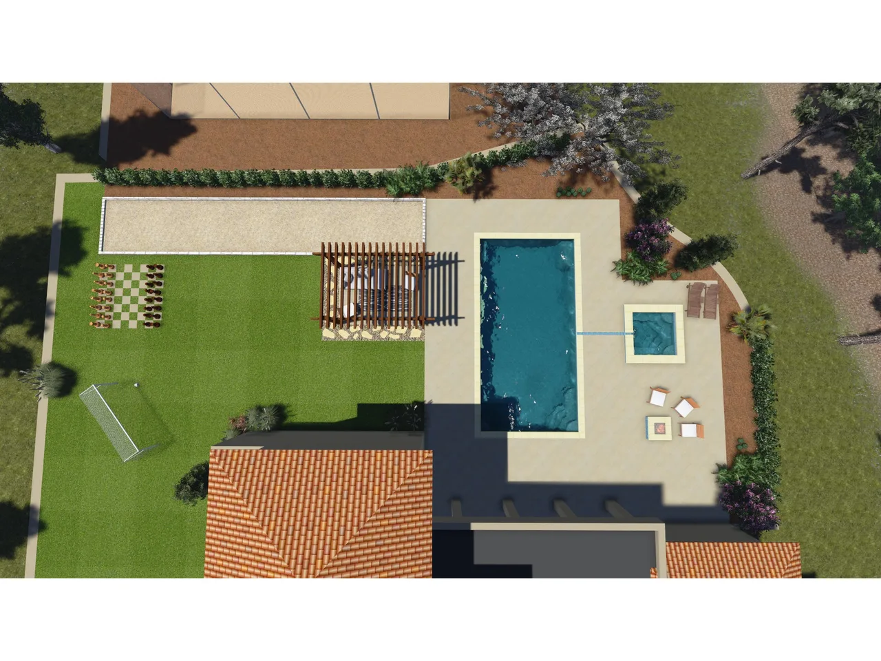 3D rendering of rectangular swimming pool with spa, modern patio deck, and manicured lawn from aerial view