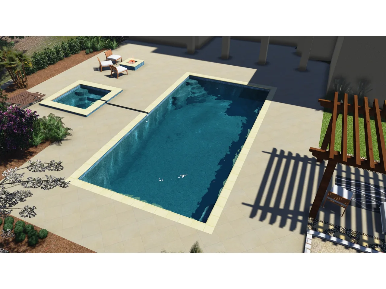 3D rendering of rectangular luxury pool with spa, concrete deck, and wooden lounge area