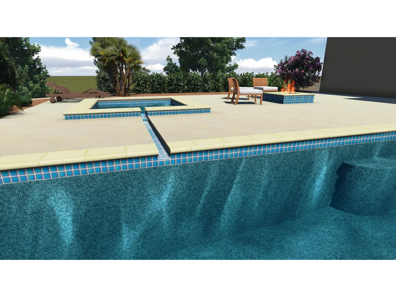 3D rendering of geometric pool design with blue tile accents, spa feature, and concrete deck with landscaping.