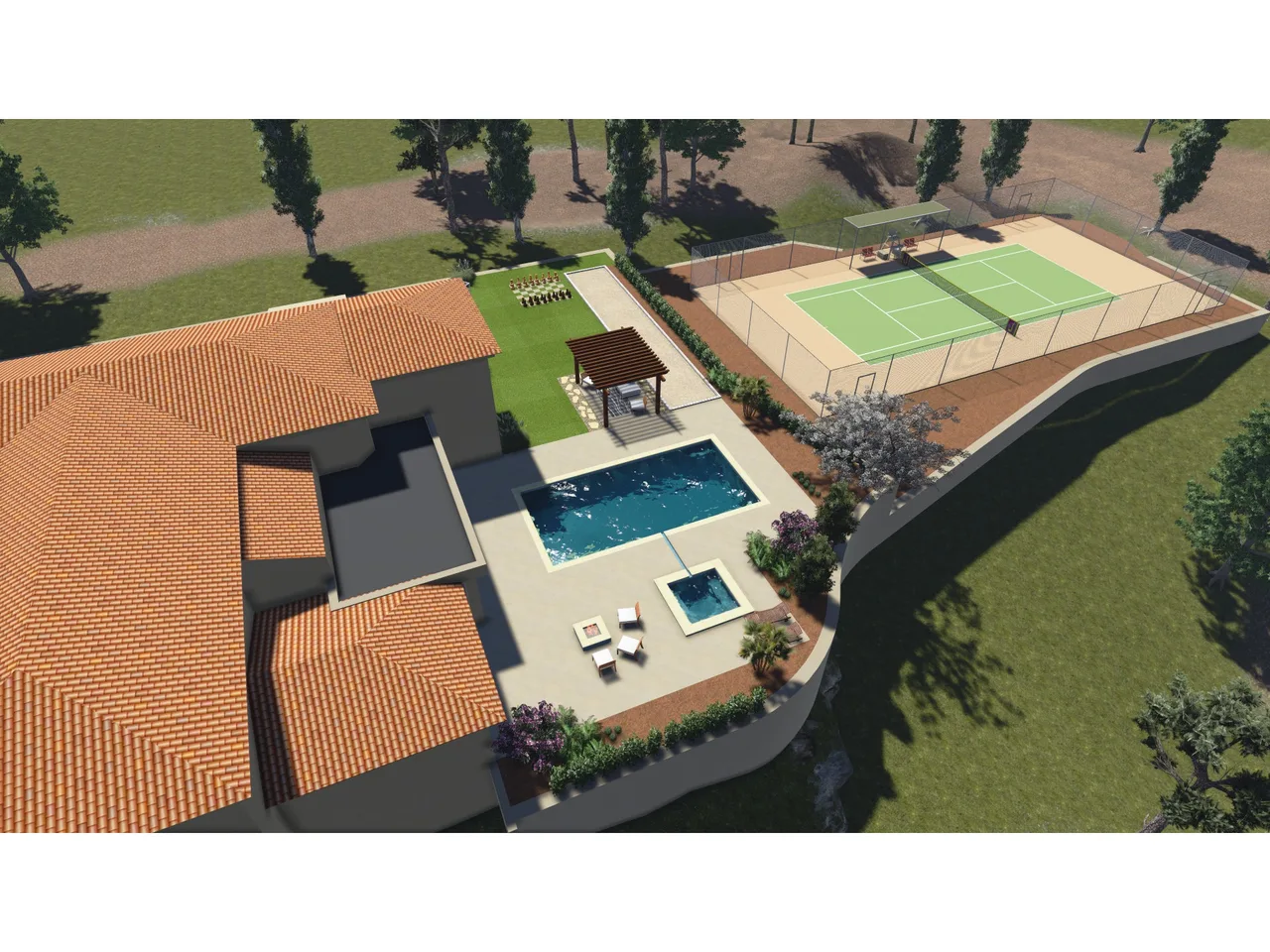 3D rendering of luxury backyard with rectangular pool, spa, patio seating, and adjacent tennis courts surrounded by manicured lawn