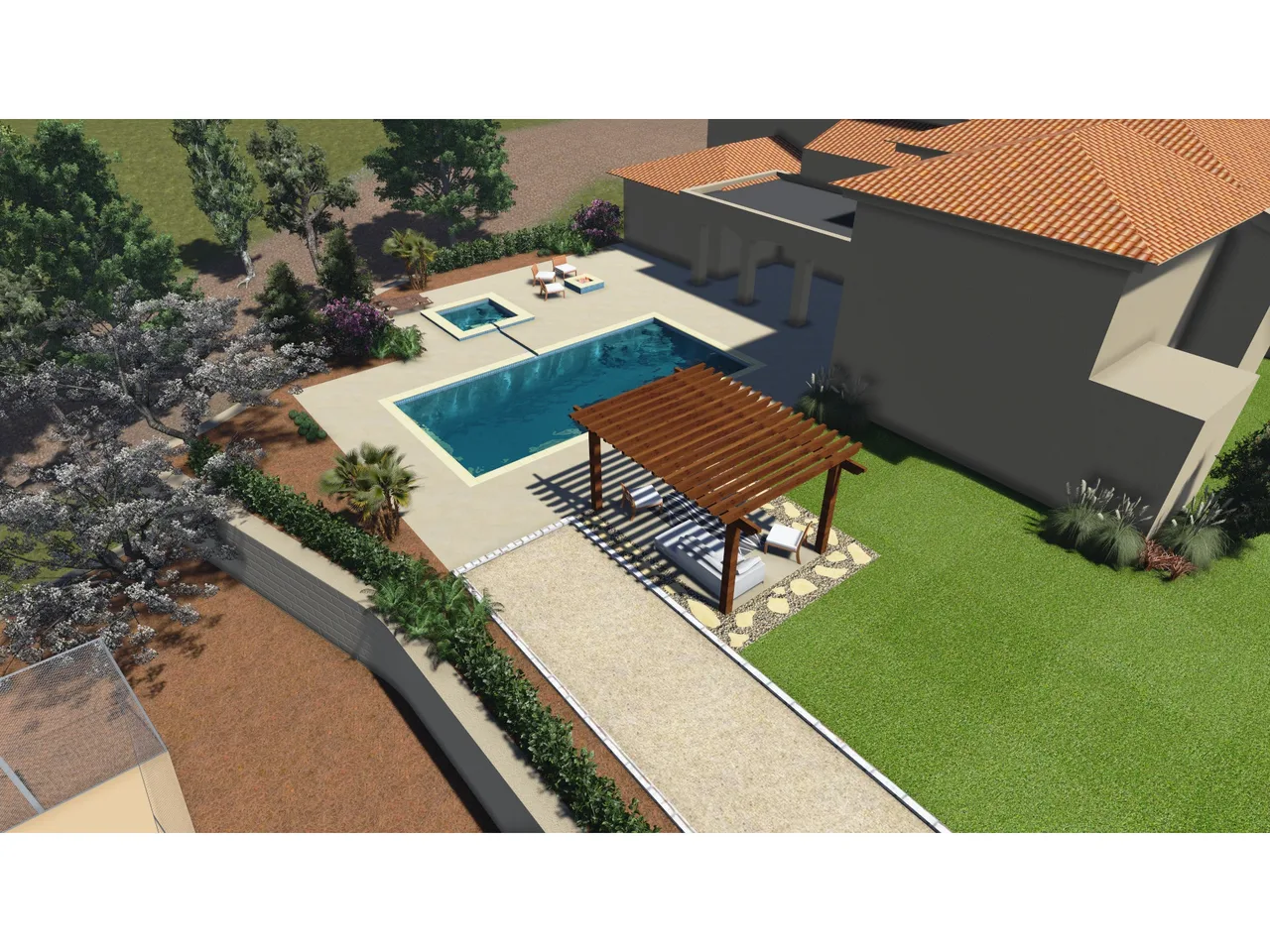 3D rendering of rectangular swimming pool with spa, wooden pergola, and modern home in luxury backyard design concept